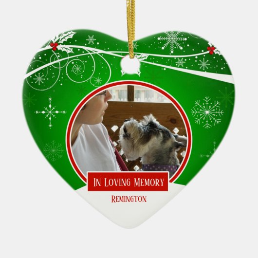 愛する思い出の中でペットの赤緑のクリスマスハート セラミックオーナメント (正面)