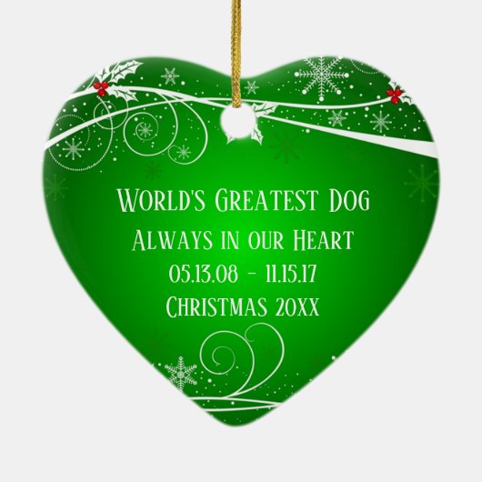 愛する思い出の中でペットの赤緑のクリスマスハート セラミックオーナメント (裏面)