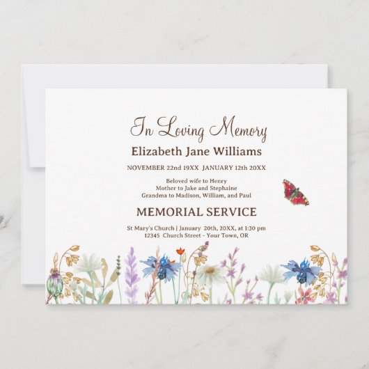 愛する思い出の葬儀ワイルドフラワー&バタフライ 招待状 (正面)