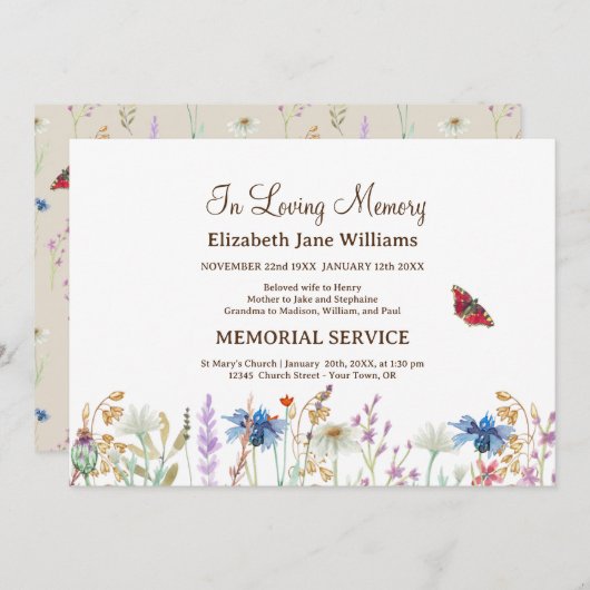 愛する思い出の葬儀ワイルドフラワー&バタフライ 招待状 (正面/裏面)