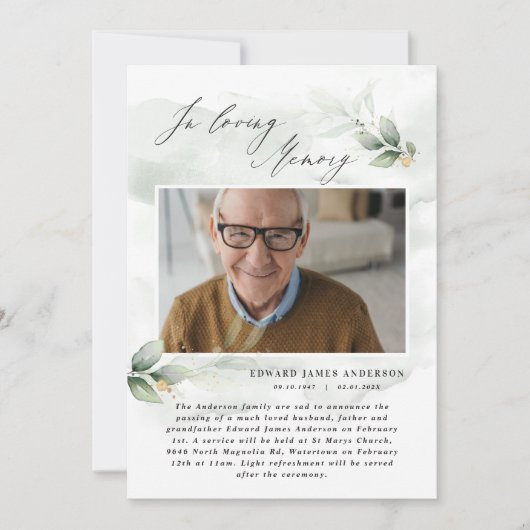 愛する思い出エレガントの葬儀のユーカリ写真 招待状 (正面)
