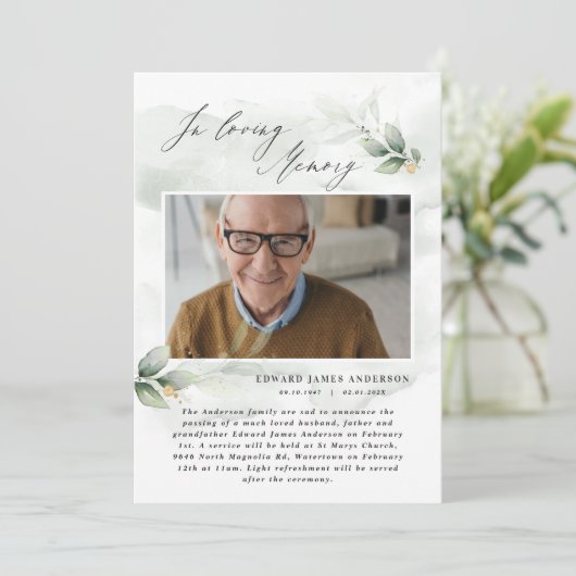 愛する思い出エレガントの葬儀のユーカリ写真 招待状 (スタンド正面)