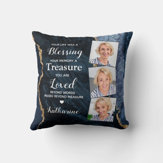 愛する思い出パーソナライズされた3 Photo Blue Memorial クッション (裏面)