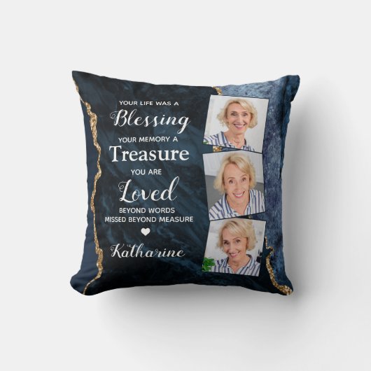 愛する思い出パーソナライズされた3 Photo Blue Memorial クッション (正面)