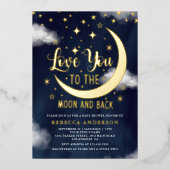 愛する月とバック赤ちゃんシャワー金ゴールド 箔招待状 (正面)