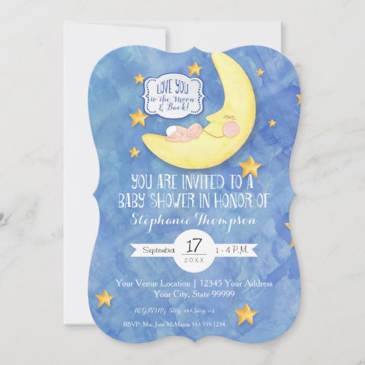 愛する月に戻る水の色ベビーシャワー 招待状 (正面)