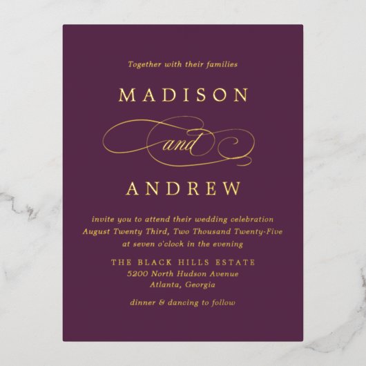 愛する紫と金ゴールド結婚の 箔招待状ポストカード (正面)