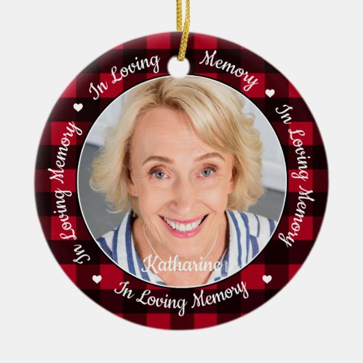 愛する記憶で赤い格子縞のカスタム2 Photo Memorial セラミックオーナメント (正面)