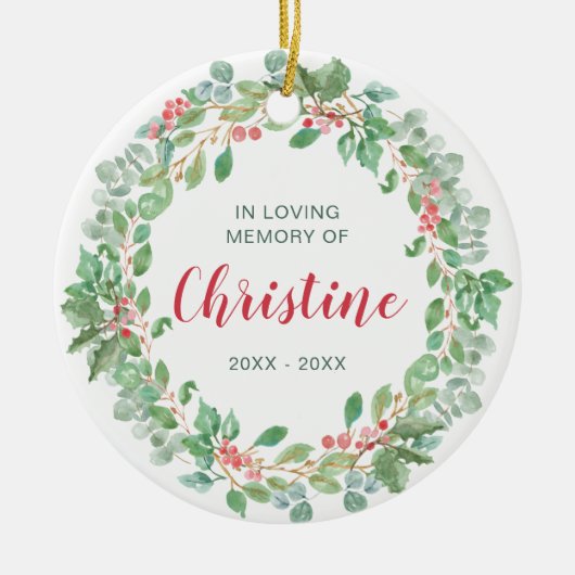 愛する記憶で赤い緑のリース写真記念 セラミックオーナメント (正面)