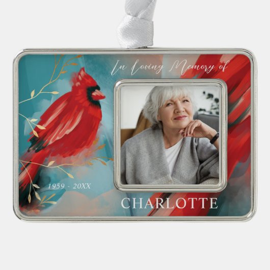 愛する記憶で赤い（鳥）ショウジョウコウカンチョウ鳥追悼写真 シルバープレートフレームオーナメント (正面)