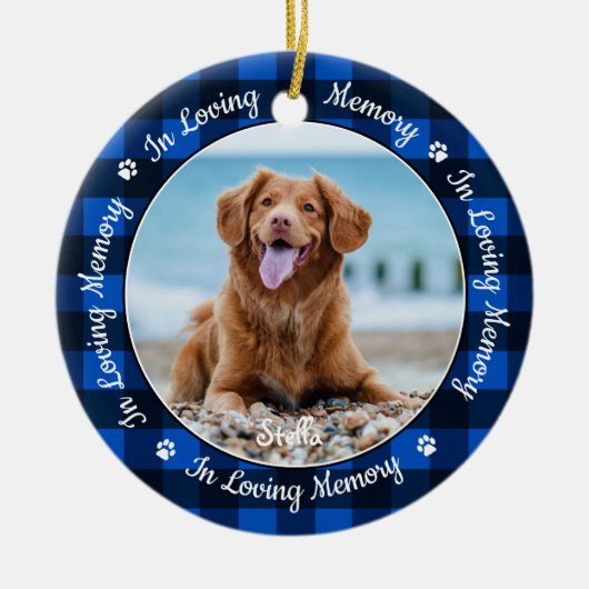 愛する記憶で青い格子犬の写真ペット記念碑 セラミックオーナメント (正面)