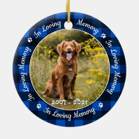 愛する記憶で青い格子犬の写真ペット記念碑 セラミックオーナメント (裏面)
