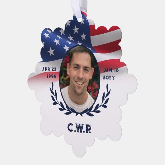 愛する記憶のアメリカ国旗の楕円形の写真 オーナメントカード (左)