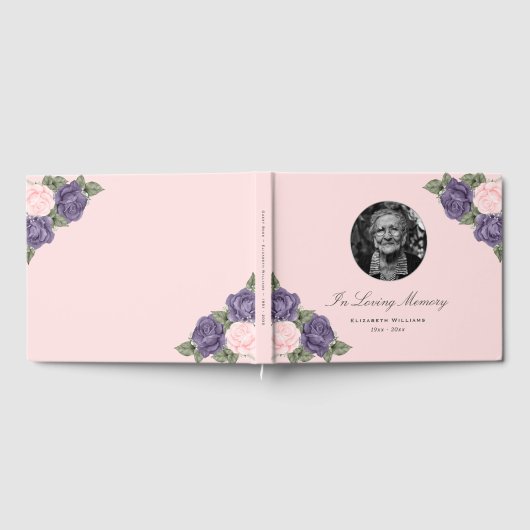 愛する記憶のピンクの紫のフローラ葬儀の写真 ゲストブック (全面)