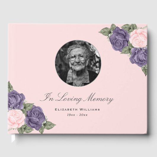 愛する記憶のピンクの紫のフローラ葬儀の写真 ゲストブック (正面)