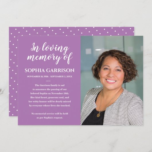 愛する記憶のラベンダー写真死の発表 招待状 (正面/裏面)