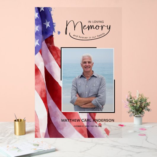 愛する記憶の中でアメリカ国旗の葬儀メモリアル アクリルサイン (ウェディング)