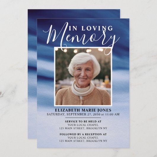 愛する記憶の中でネイビーブルー写真追悼葬儀 招待状 (正面/裏面)