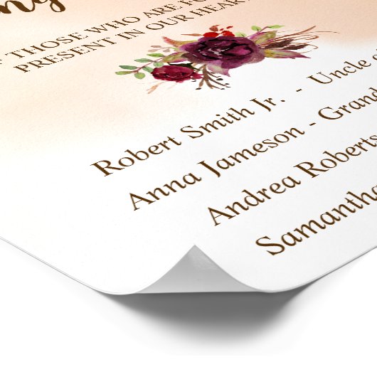 愛する記憶の中でブルゴーニュ結婚の花のサイン ポスター (角)