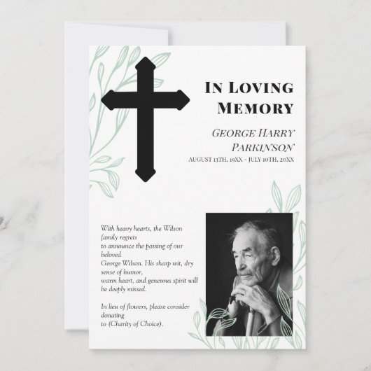 愛する記憶の中で十字架と緑の写真 案内状 (正面)