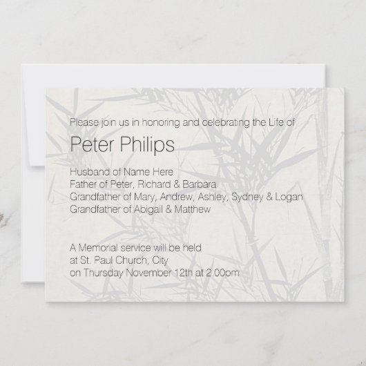 愛する記憶の中で竹の葬儀の発表 招待状 (裏面)