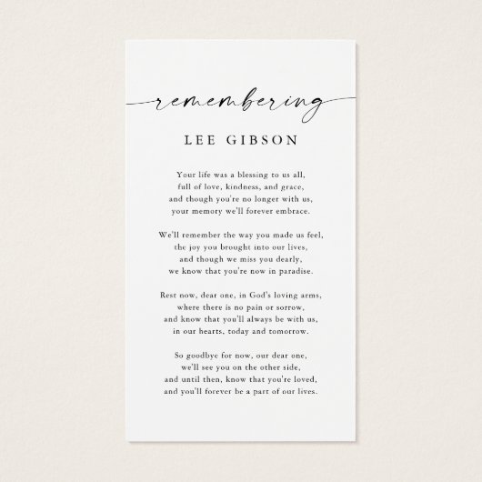 愛する記憶の中で葬儀の記念祈りの言葉カード (裏面)