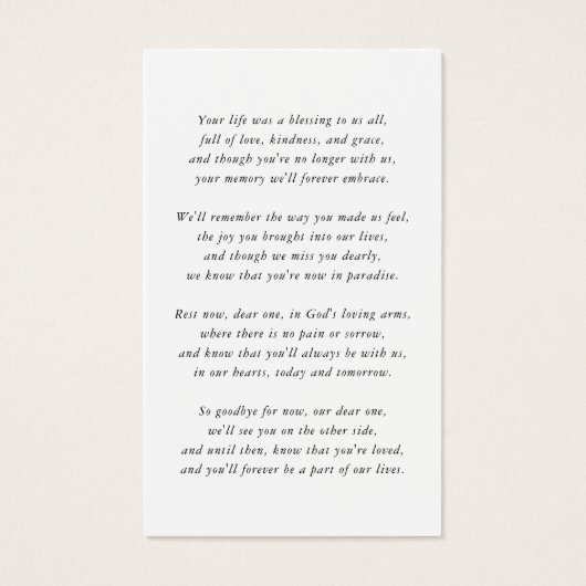 愛する記憶の中で葬儀の記念祈りの言葉カード (裏面)