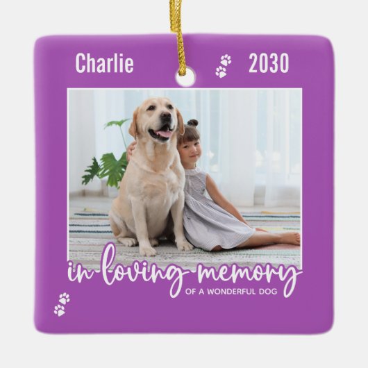 愛する記憶の中で薄紫犬の写真ペット記念碑 セラミックオーナメント (正面)