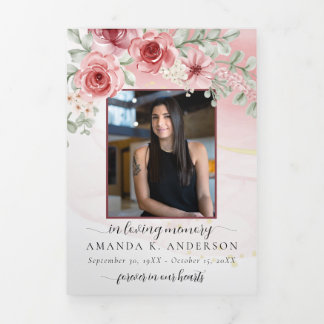 愛する記憶の中で赤面赤い花葬儀 三つ折りプログラム