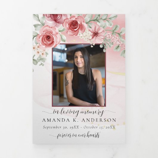 愛する記憶の中で赤面赤い花葬儀 三つ折りプログラム (カバー)