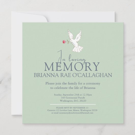 愛する記憶の中で鳩の赤いバラの写真葬儀グリーン 招待状 (正面)