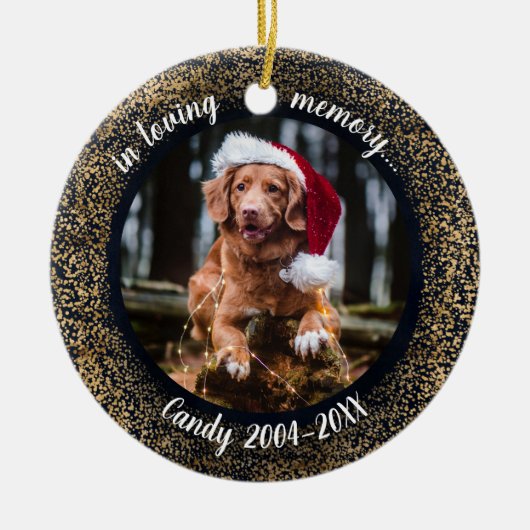 愛する記憶の中で - 犬の写真 ペットの追悼 ゴールド仕上げ セラミックオーナメント (正面)