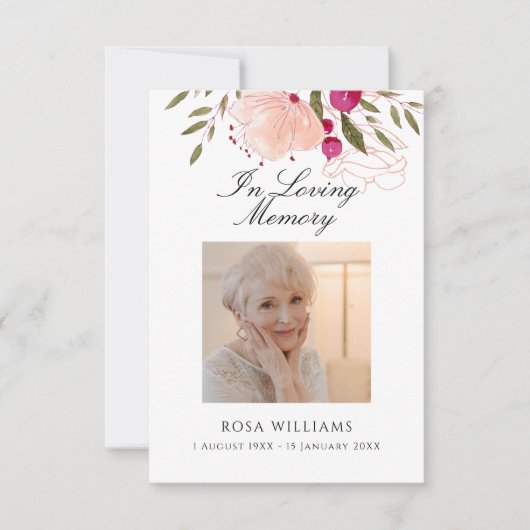 愛する記憶の中のピンクのフローラ葬儀祈りの言葉カード ノートカード (正面)