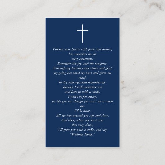 愛する記憶の写真葬儀ブルー祈りの言葉カード 名刺 (裏面)