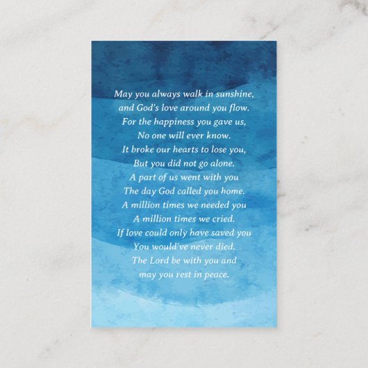 愛する記憶の写真葬儀ブルー祈りの言葉カード 名刺 (裏面)