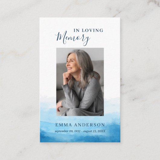愛する記憶の写真葬儀ブルー祈りの言葉カード 名刺 (正面)