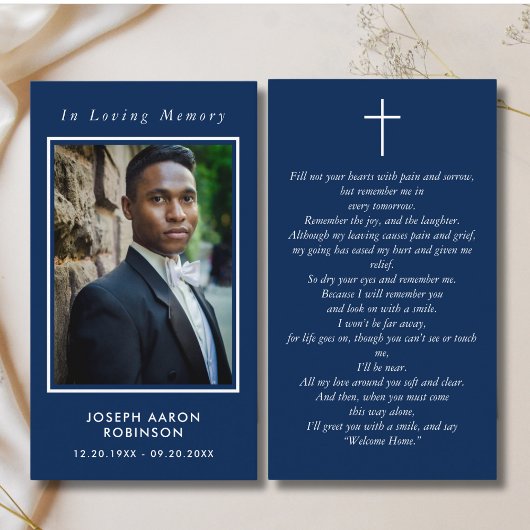 愛する記憶の写真葬儀ブルー祈りの言葉カード 名刺