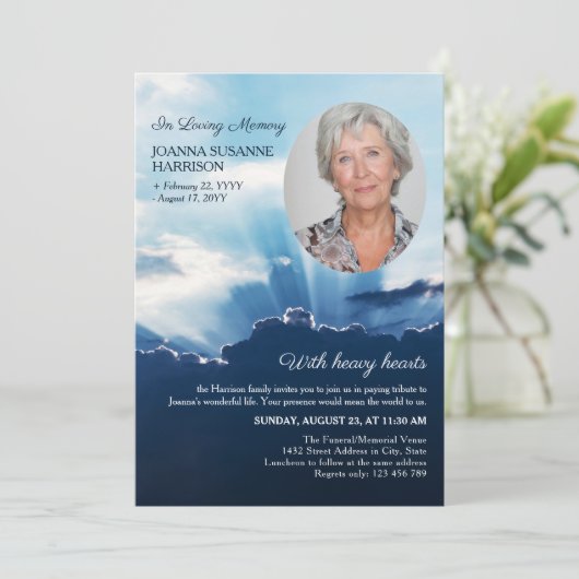 愛する記憶の葬儀で光の楕円形の写真のビーム 招待状 (スタンド正面)