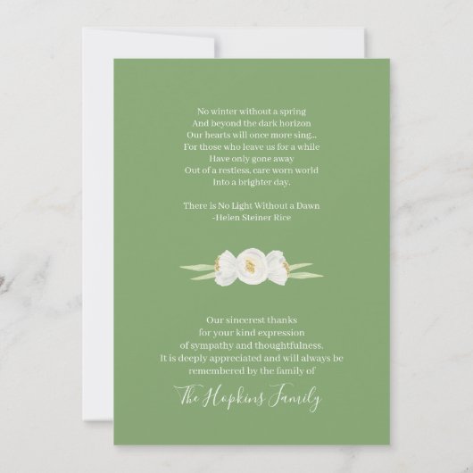 愛する記憶の葬儀で緑と白のフローラ サンキューカード (裏面)