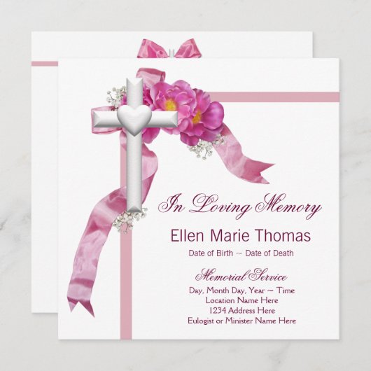 愛する記憶の記念にピンクのバラの十字架 招待状 (正面/裏面)