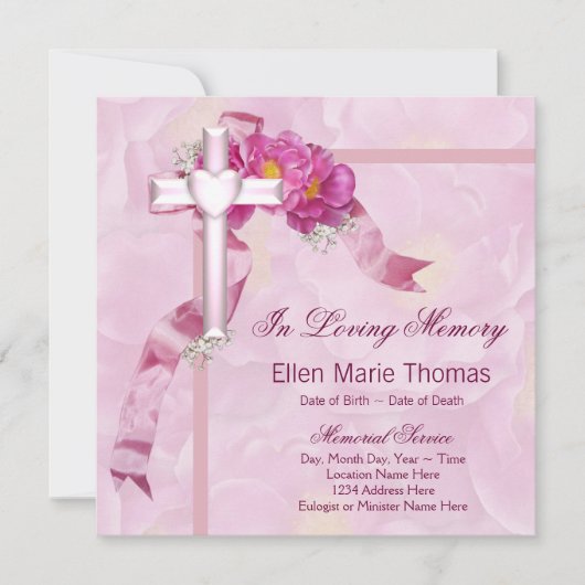 愛する記憶の記念にピンクのバラの十字架 招待状 (正面)