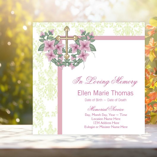 愛する記憶の記念にピンクのバラの十字架 招待状