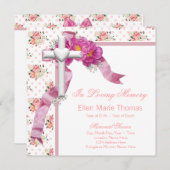 愛する記憶の記念にピンクのバラの十字架 招待状 (正面/裏面)