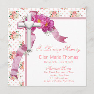 愛する記憶の記念にピンクのバラの十字架 招待状