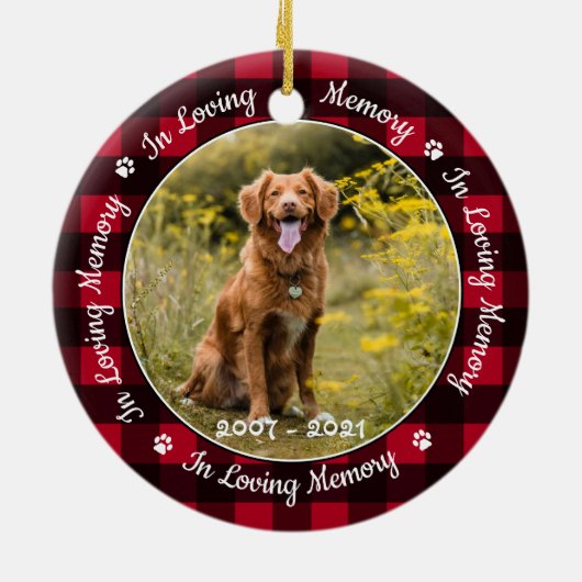 愛する記憶の赤い格子犬の写真ペット記念碑 セラミックオーナメント (裏面)
