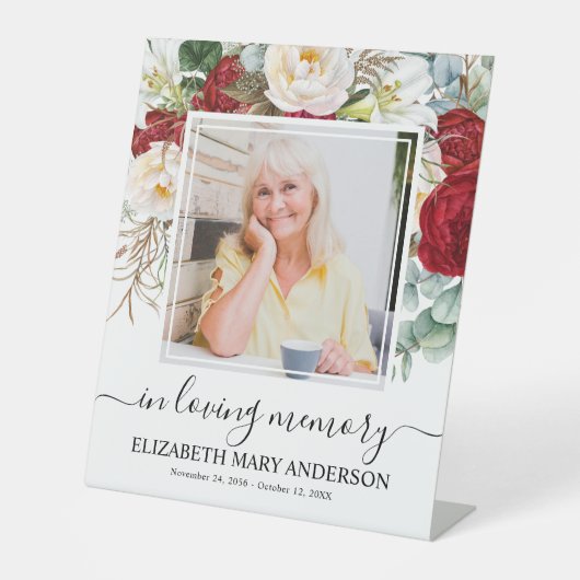愛する記憶の赤い白いフローラ葬儀の写真 台座サイン (正面)