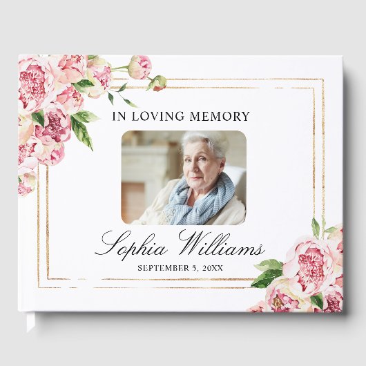 愛する記憶ピンクの花と緑の葬儀 ゲストブック (正面)