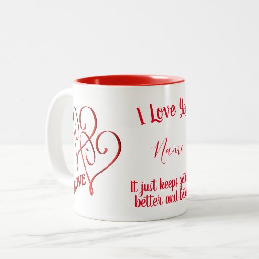 愛する赤いハート パーソナライズされた ツートーンマグカップ (正面左)