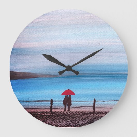 愛する赤い傘の結婚記念日のカップル ラージ壁時計 (正面)
