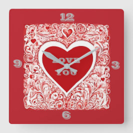 愛する赤と白ハート スクエア壁時計